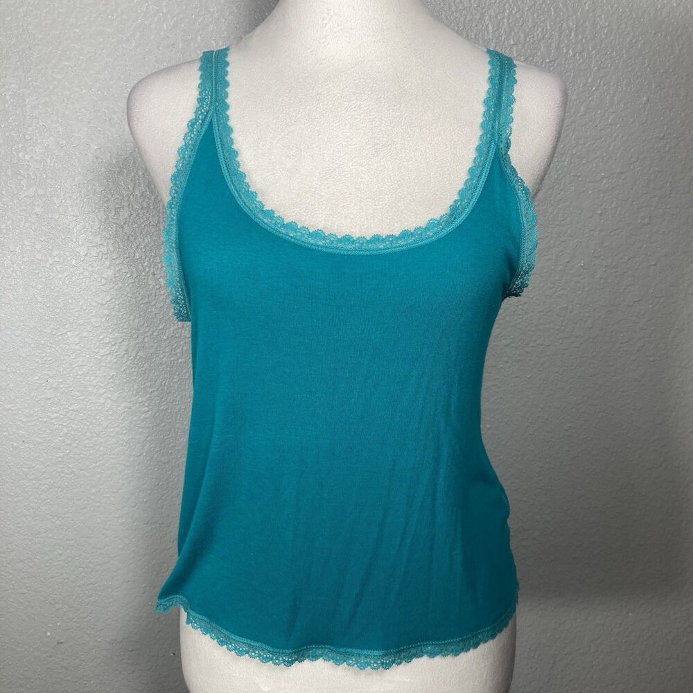 American Eagle Tank Top Cami Womens L Lace Trim Babydoll Y2K Fairy Teal Blue